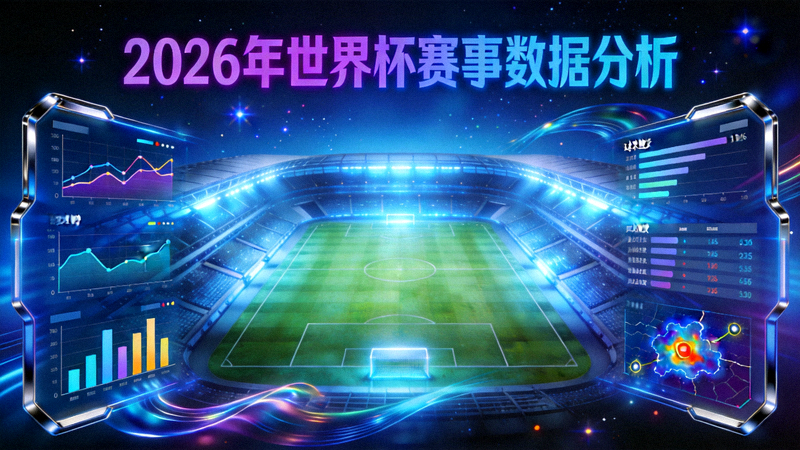 2026年世界杯赛事数据分析英雄图，展示足球场与数据图表融合的科技视觉