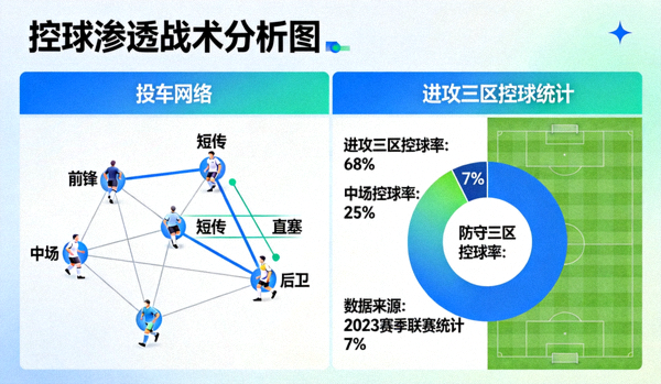 控球渗透战术分析图，展示传球网络与进攻三区控球率