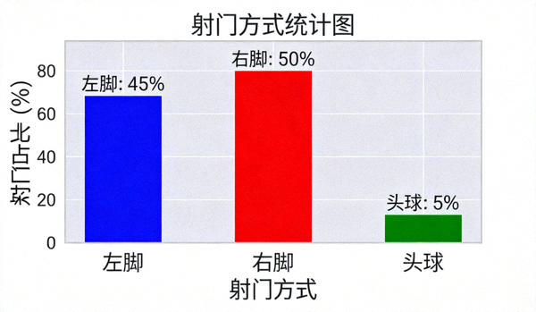 射门方式统计图，展示左脚、右脚与头球射门数据对比
